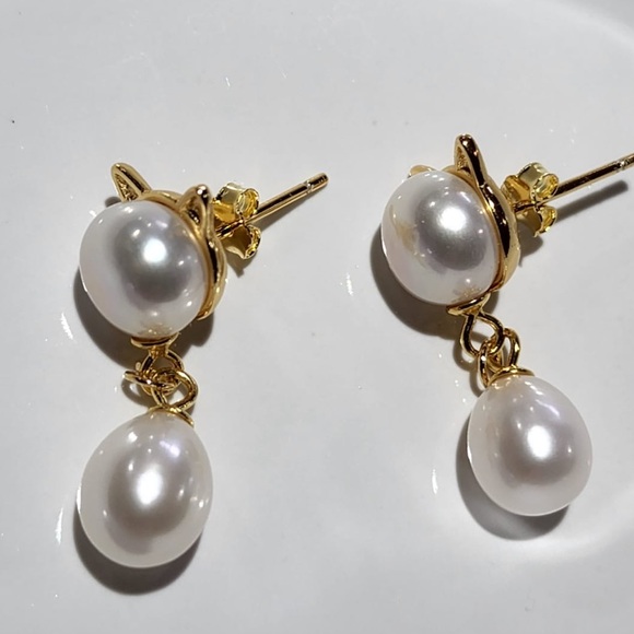18K Gold Plated Over 925S Silver 8mm Freshwater Pearl Earrings Big Kitten Shaped - Picture 13 of 13